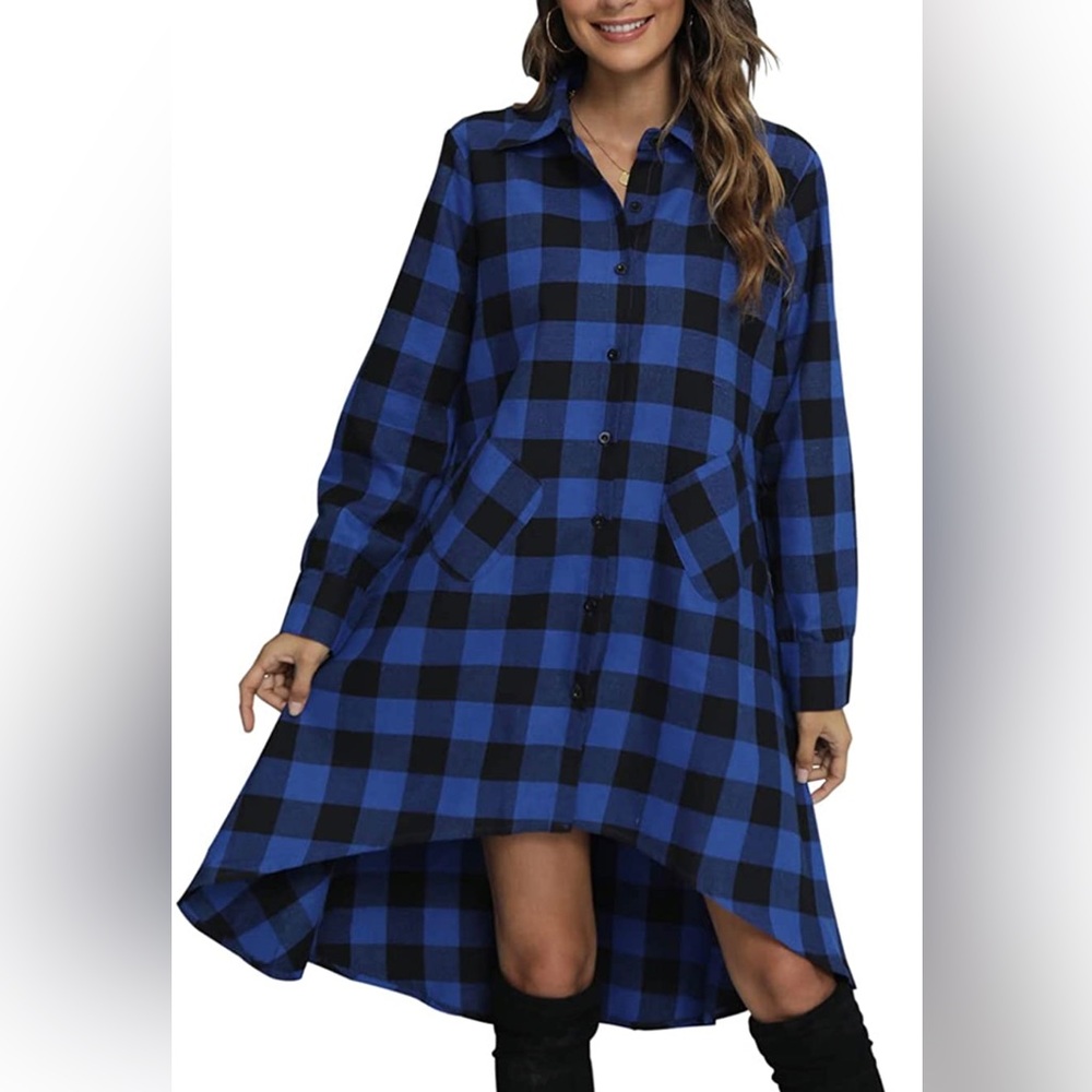 Blue & Black Plaid Shirt Dress Long Sleeves Size Small-Medium